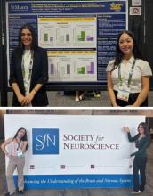 Two women stand in front of a scientific poster in one photo and in front of a Society for Neuroscience banner in another, at a conference.
