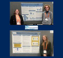 Two pairs of people stand beside academic research posters at a conference, all wearing name badges and smiling at the camera. Psychonomic Society logo is displayed in the center.