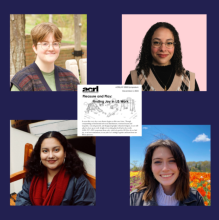 A collage of four people smiling, each in a separate frame, with a central flyer titled "Pleasure and Play: Finding Joy in LIS Work" from the ACRL 2023 Symposium.
