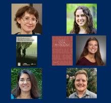A collage of five people’s headshots arranged around two book covers, all on a blue background.