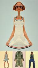 Artwork by Sue Johnson: Small Combine V. 6 (Cool Cat), 2025, acrylic and wax painting with archival pigment print and image transfer on paper mounted on wood panel, 32x18 inches. The image shows a stylized illustration of a woman in a white dress with red and blue trim, above three smaller images of models showing different 1960s-style outfits.