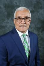 Older man with white hair and glasses, wearing a navy suit, white shirt, and green striped tie, posing in front of a mottled gray background.