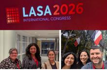 Collage with "LASA2026 International Congress" logo above two photos of four people standing together indoors and outdoors, smiling at the camera.