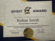Certificate of appreciation awarded to Rohan Smith for the Spirit Award, June 2026, signed by Melissa Golowski and Ashley Hardy with a gold "You Make a Difference" seal.