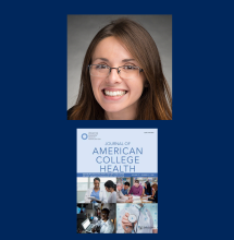 A woman with glasses smiles at the camera above a cover of the Journal of American College Health, which features healthcare professionals and students.