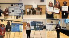 A collage of six images showing students presenting research posters, receiving certificates, and posing in a conference room setting.