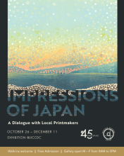 Exhibition poster titled “Impressions of Japan: A Dialogue with Local Printmakers,” October 26 – December 11 at JICCDC, featuring free admission, walk-ins welcome, and gallery hours Monday – Friday, 9am–5pm.