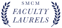 Logo for SMCM Faculty Laurels, featuring the text framed by two laurel branches.