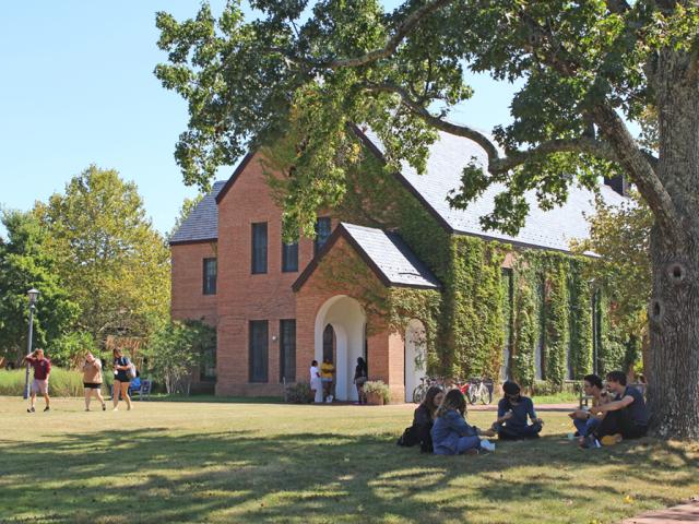 Students outside of Glendening Hall on the Pillow