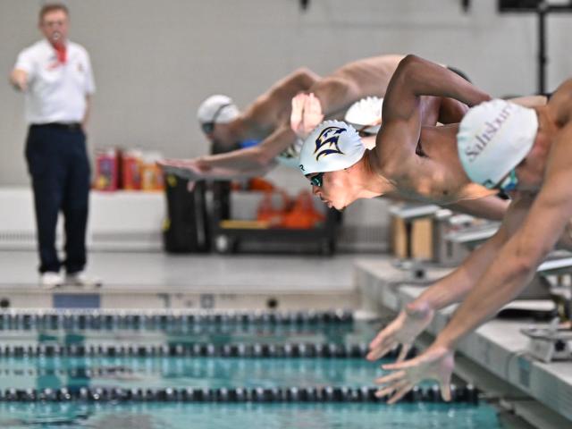 Swimmers diving into pool
