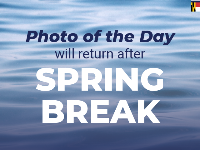 text saying will return after Spring Break and water as the background