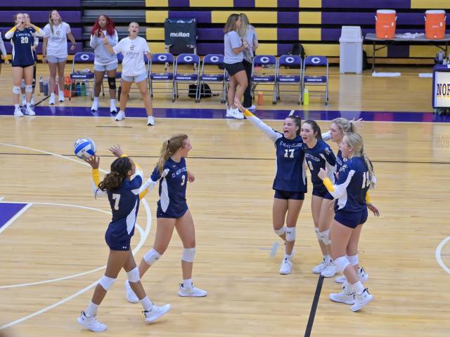 Volleyball players celebrate a point