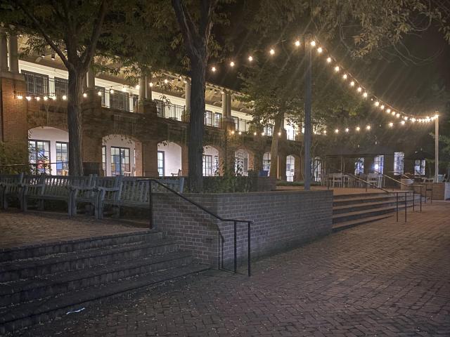 Campus Center lit by string lights