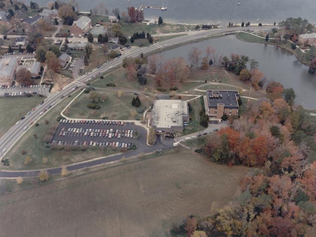 aerial view of campus center and historic zone, fall 1987