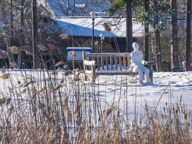 Snow figure seated on bench