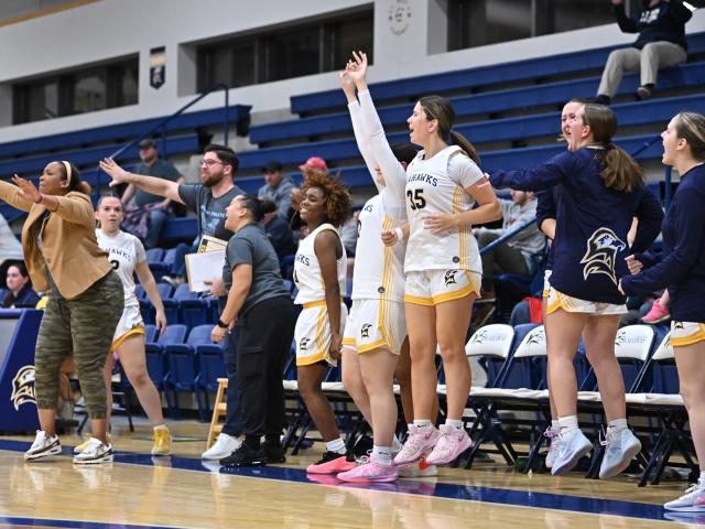 A women's basketball team celebrates on the sideline, some jumping with excitement. Coaches and players extend their arms enthusiastically. They wear white and yellow uniforms, with some in tracksuits. The bleachers are partially filled with spectators.