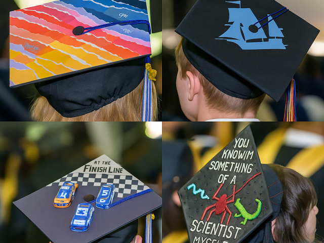 Four graduation caps decorated with unique designs: colorful waves, a ship silhouette, toy cars on a track, and a quote about being a scientist with a red spider illustration.