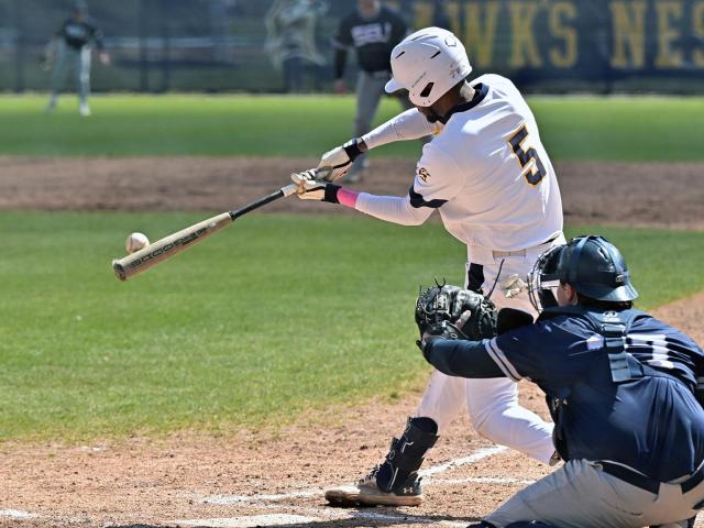 A baseball player in a white uniform hits a pitch while a catcher and umpire look on; "Hawks Nest" banner is visible in the background.