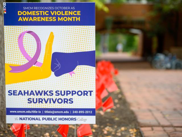A sign on a brick walkway promotes Domestic Violence Awareness Month, featuring a purple ribbon and slogans supporting survivors, with red flags placed in the background.