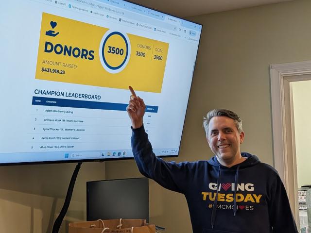 A man in a navy hoodie points at a screen displaying donor statistics: 3,500 donors and $431,918.23 raised, with a leaderboard of top donors listed below.