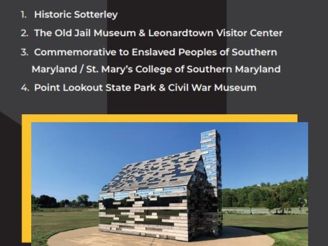 Brochure screenshot listing historic sites in St. Mary's County and photo of the Commemorative