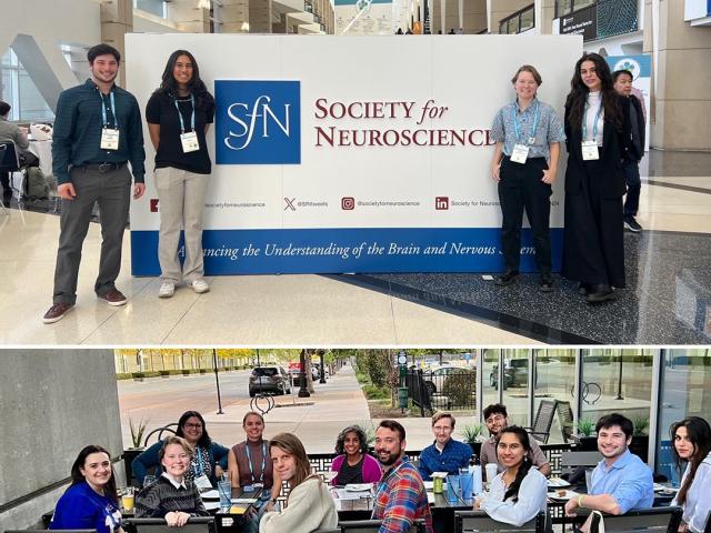 top: four students standing in front of a large sign reading "Society for Neuroscience". bottom: a group of 12 students, faculty, and alumni seated at a long table, smiling at the camera