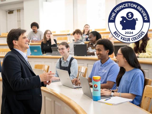 A professor speaks to students in a classroom; several students are seated with laptops. A "Princeton Review Best Value Colleges 2024" badge is displayed in the upper right corner.