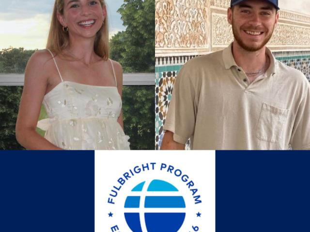 A smiling woman and man stand side by side in separate settings, with the Fulbright Program logo and the words "Established 1946" below them.