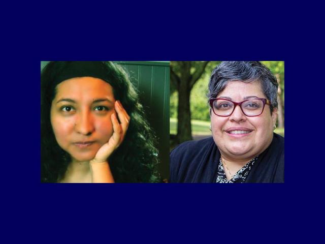 Two women are shown side by side; the woman on the left has curly hair and rests her face on her hand, while the woman on the right has short hair, glasses, and is smiling.