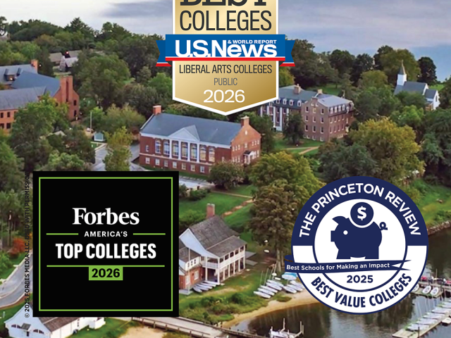 Aerial view of a college campus with award badges from U.S. News, Forbes, and The Princeton Review highlighting top college rankings for 2025 and 2026.