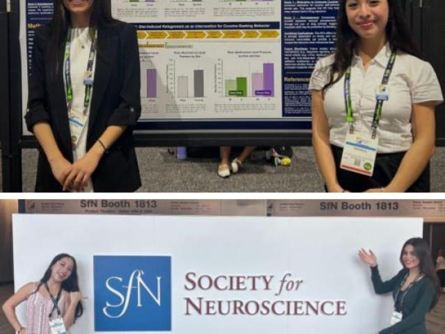 Two women stand in front of a scientific poster in one photo and in front of a Society for Neuroscience banner in another, at a conference.
