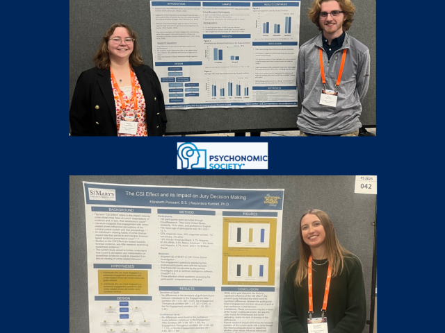 Two pairs of people stand beside academic research posters at a conference, all wearing name badges and smiling at the camera. Psychonomic Society logo is displayed in the center.