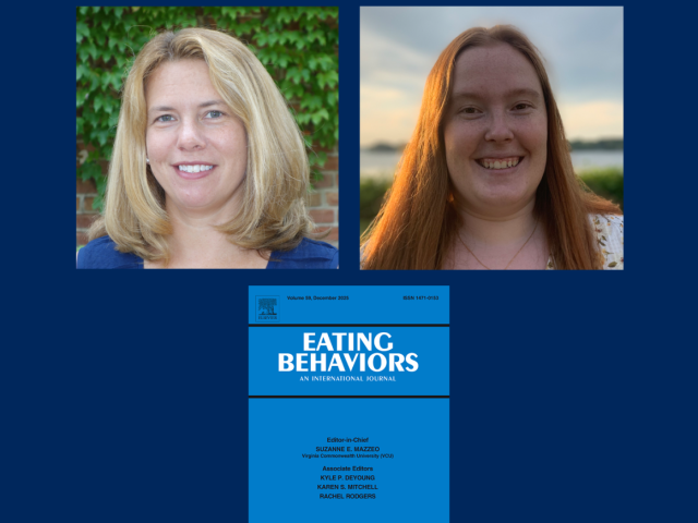 Two women are shown in individual headshots above the cover of the journal "Eating Behaviors: An International Journal" on a blue background.