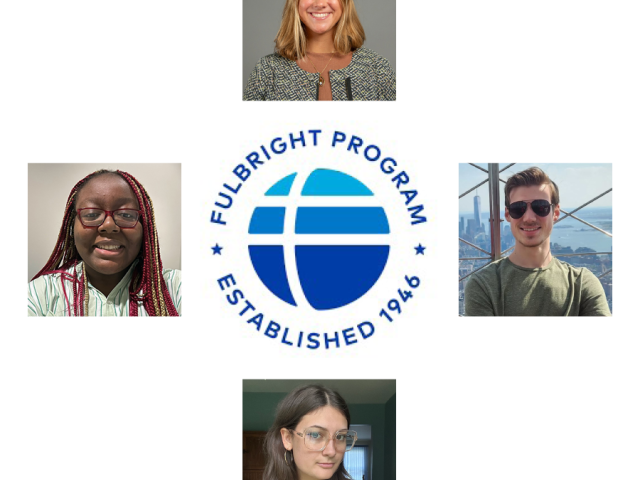 Four individuals' portraits surround the Fulbright Program logo, which features a blue globe design and the text "Established 1946.