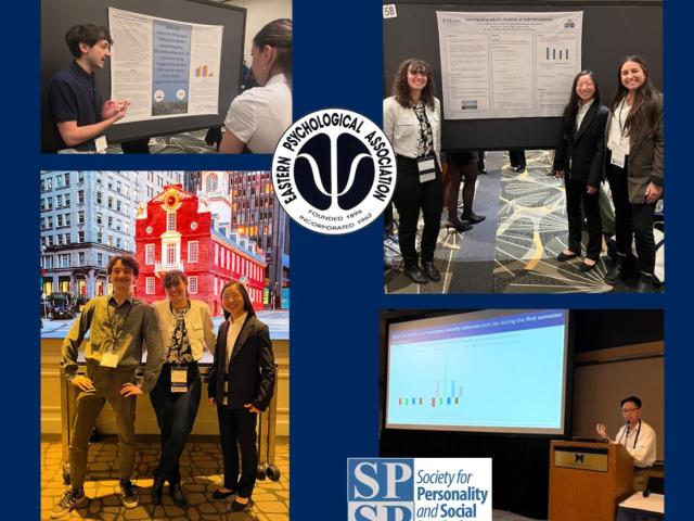 Four photos show individuals presenting research posters, posing at an event, and giving a talk, alongside logos for the Eastern Psychological Association and the Society for Personality and Social Psychology.
