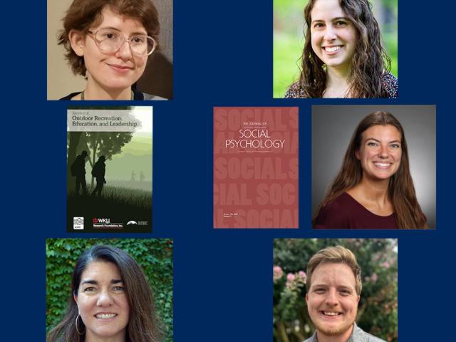 A collage of five people’s headshots arranged around two book covers, all on a blue background.