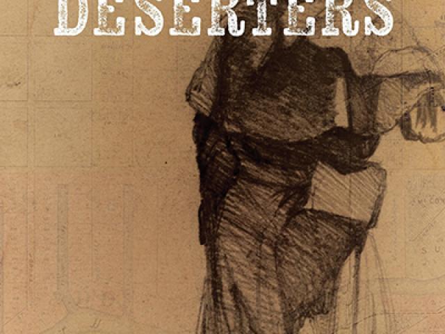 Book cover for "Deserters" by Jerry Gabriel, featuring a sepia-toned sketch of a standing person on a background resembling an old map.