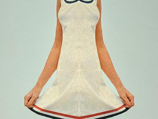 Artwork by Sue Johnson: Small Combine V. 6 (Cool Cat), 2025, acrylic and wax painting with archival pigment print and image transfer on paper mounted on wood panel, 32x18 inches. The image shows a stylized illustration of a woman in a white dress with red and blue trim, above three smaller images of models showing different 1960s-style outfits.
