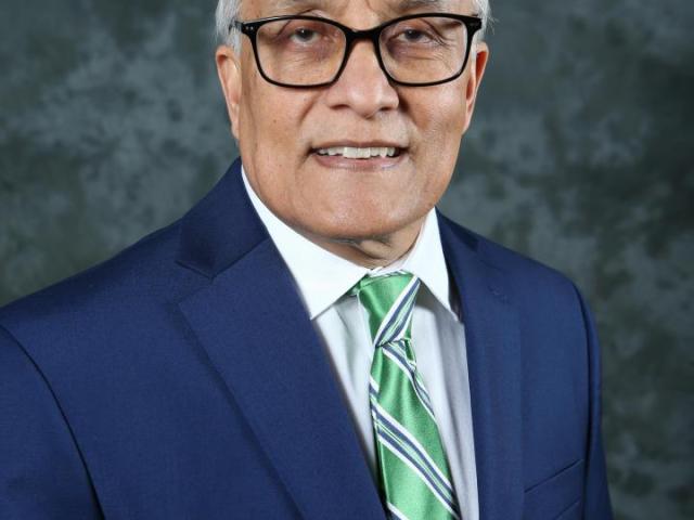 Older man with white hair and glasses, wearing a navy suit, white shirt, and green striped tie, posing in front of a mottled gray background.