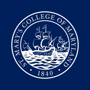 Seal of St. Mary's College of Maryland featuring three sailing ships on water, surrounded by the college name and the year 1840 on a blue background.