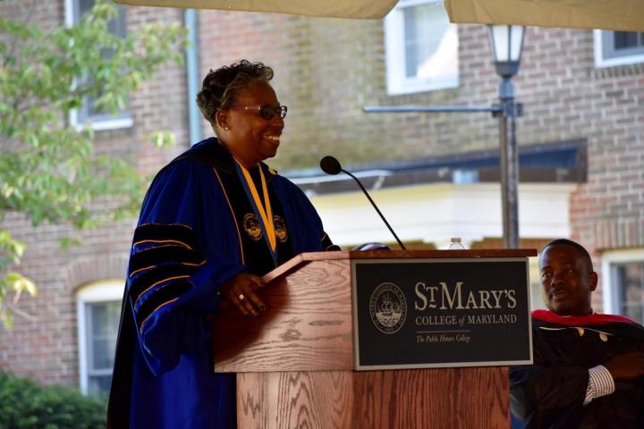 Dr Jordan at podium during opening convocation