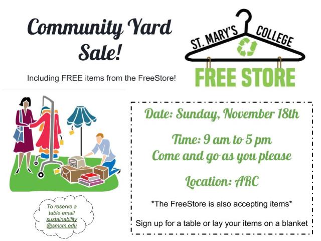 Community Yard Sale @ the ARC! Sunday, November 18 from 9 a.m. to 5 p.m. Sign up for a table or bring a blanket to put your items on. **Including FREE items from the FreeStore AND we will be accepting donations** Clean out your summer closet before you go home for Thanksgiving! Table Signup: https://docs.google.com/spreadsheets/d/1iCirc15uUGPJhUm0hn81FQxqFehDik4EyNUcokEy7k4/edit?usp=sharing