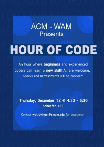Hour of Code poster inviting beginner and experienced coders! Snacks provided