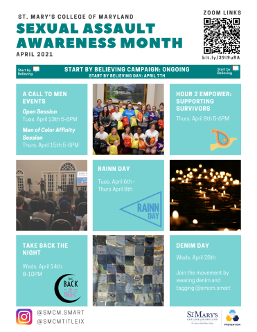 Sexual Assault Awareness Month (SAAM) Event Schedule with teal accent colors and pictures of past SAAM events including Fear 2 Freedom activity and Denim Day quilt