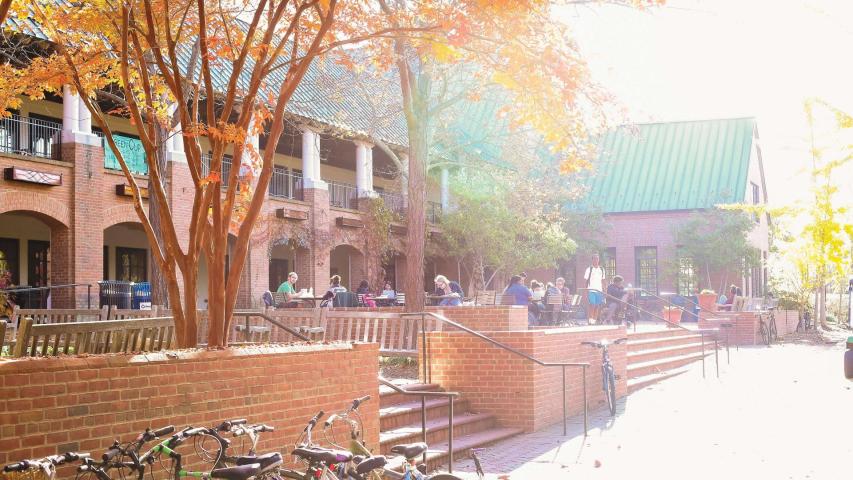 leaves changing outside the college campus center