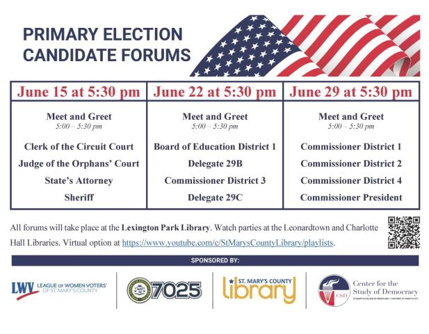 candidate forum flyer with details for each of three events that are fully described in the text of the event.