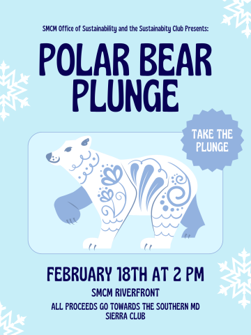 Poster for the Annual Polar Bear Plunge. The event will take place at the riverfront, February 18th at 2pm.