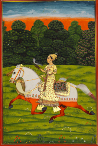 A painting of a figure dressed in gold. She carries a bird of prey and rides a white and red horse across a field. A forrest rises in the background and the sky is red and blue as the sun sets.