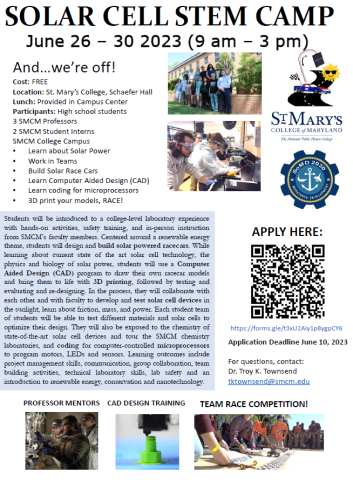 A photo of a group of students and faculty mentors posing. A photo of a group of students working in a lab with goggles and equipment. A logo of a sun with sunglasses on top of a road with a race car and a solar panel. There is a logo of SoMD 2030 Workforce development. A QR code to scan for link to application. A photo of students working in a lab with a professor titled professor mentors, a 3D printed object and a car race competition. 