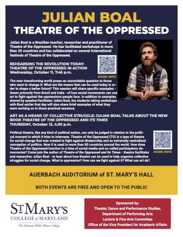Flyer with text about Julian Boal's visit to SMCM October 11-12. Boal sits looking upward and in the direction of the camera with his hands folded.